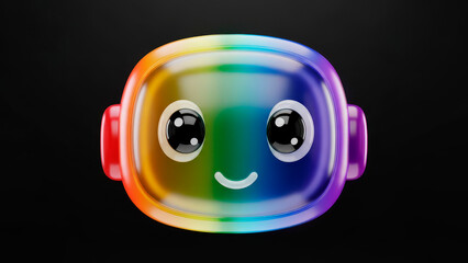Friendly rainbow robot head with big eyes smiles on a black background.