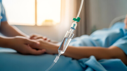 Medical professional comforting patient with IV drip in hospital room