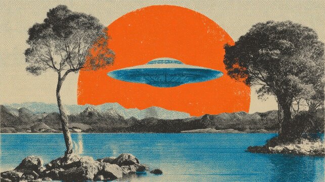 Collage with a mysterious ufo flying above a lake with trees and mountains. Retro style science fiction art for design background