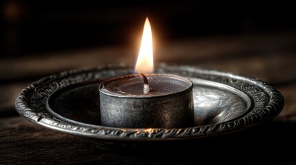 Lit candle in antique metal holder glows brightly in dim interior lighting