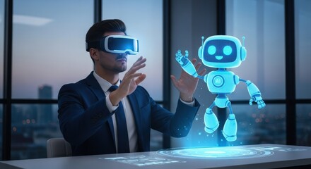 Man in VR headset interacting with a glowing AI robot persona. Metaverse virtual reality and future innovation technology concept for business