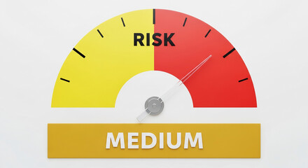 Yellow and red semicircular gauge displays medium risk level, featuring a pointer indicating the risk assessment, suitable for business or financial concepts
