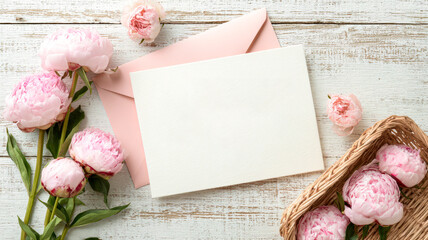 White square card mockup surrounded by delicate pink peonies