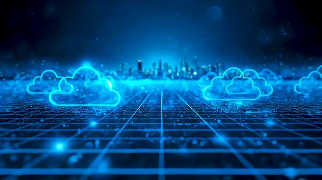 Glowing Cloud Computing Network Over Digital Grid with Data Flow and Virtual Storage Nodes Showing Modern Online Infrastructure