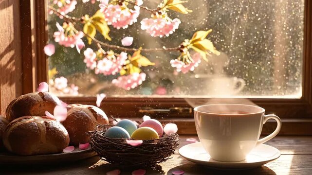 Cozy Easter Breakfast by Window with Steaming Tea and Hot Cross Buns