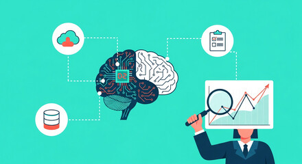 Illustrative graphic depicts brain with circuit board, connected to cloud, database, checklist, and magnifier analyzing graph, showcasing data analysis and AI