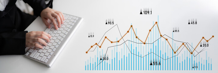 A business professional engages in data analysis with trends and statistics displayed on charts and graphs, highlighting key financial metrics and insights. Scalp