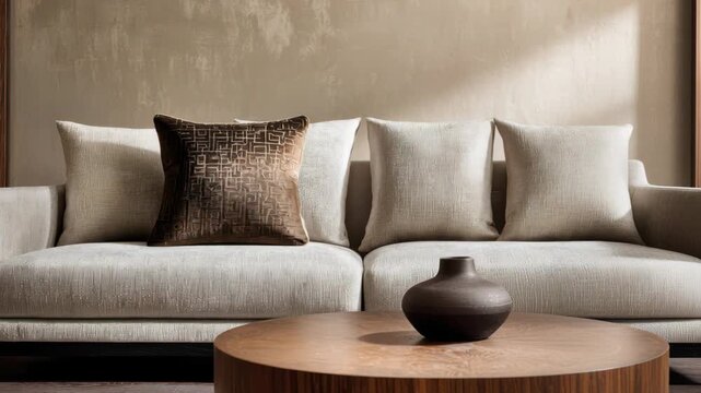 Minimalistic sofa in beige boucle, brown cushions and coffee table is dark wood. Cream-colored wall. Soft, curved plush cream sofa with a curved backrest in neutral tones. Aesthetic room furniture