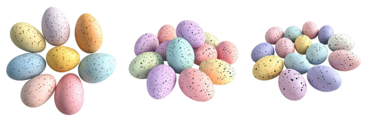 A collection of pastel eggs of various colors and textures, artfully arranged, set against an off-white backdrop. Perfect for representing Spring and Easter.