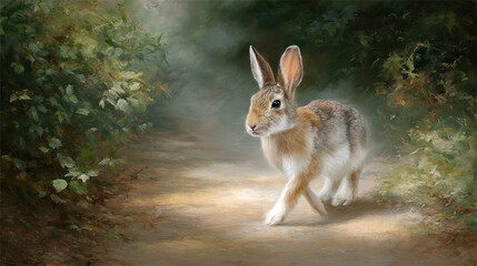 Naklejka premium Rabbit Running Through Sunlit Forest Path