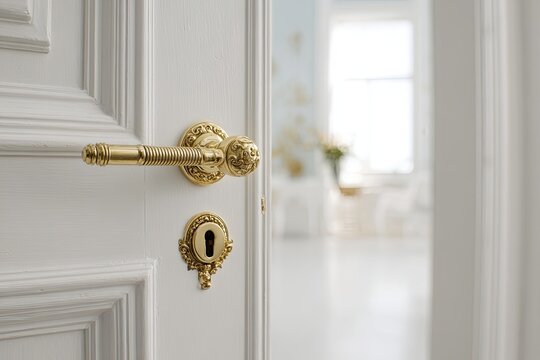 Ornate brass door handle and lock plate on a white door, opening into a bright room