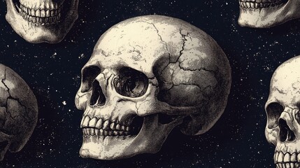 Obraz premium Seamless dark gothic pattern with vintage-style human skulls on a black background.