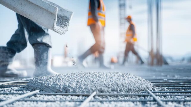 Pouring concrete on steel rebar grid, reinforced mesh at a building site. Cement truck. Worker is spreading a thin layer of wet gray foundation surface. Create solid floor. Liquid concreting process