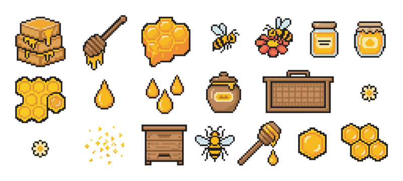 Pixel art collection of honey and beekeeping icons including a bee, honeycomb, jar, and beehive in a retro 8-bit video game style for a charming and nostalgic design