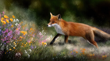 Fototapeta premium Fox Running Through Wildflowers
