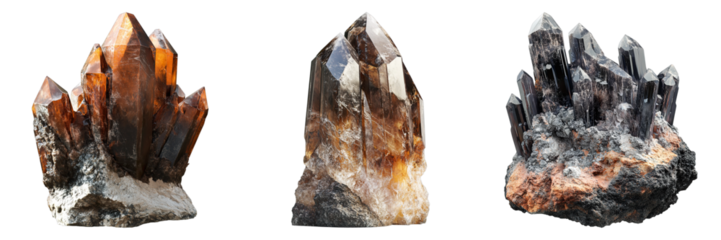 Close-up shot of three beautiful brown crystal formations. The crystals are varied in size and shape, each with its unique texture and details.