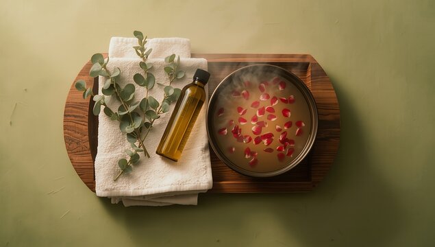 A steaming bowl of rose petal water with a bottle of oil and towels on a wooden tray for a relaxing spa treatment