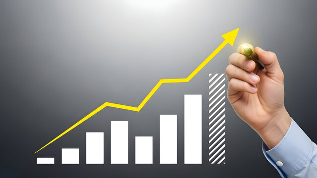 Hand drawing a yellow arrow graph showing upward trend on a gray background chart growth