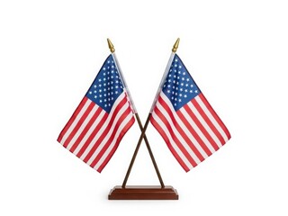 Two american flags displayed side by side on a wooden stand isolated on white background