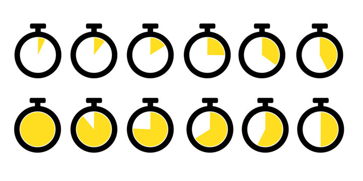 Stopwatch timer progress icons set showing time countdown stages in flat vector design