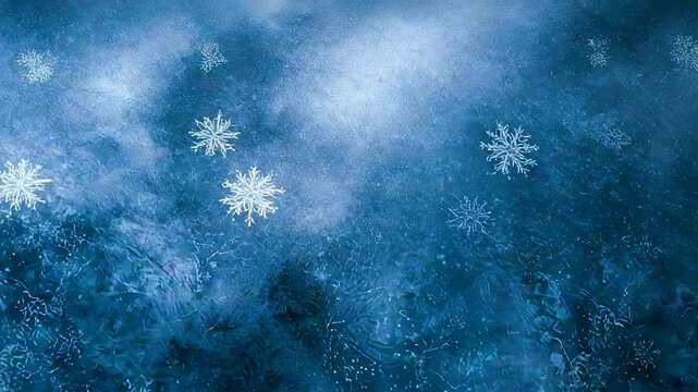 Soft falling snowflakes drifting across cold blue textured winter scene with gentle motion creating calm seasonal atmosphere and frosty weather mood