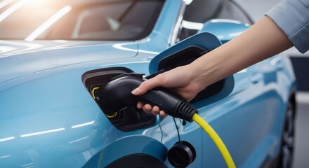Hand plugging charging cable into electric vehicle, symbolizing eco-friendly travel and future energy solutions