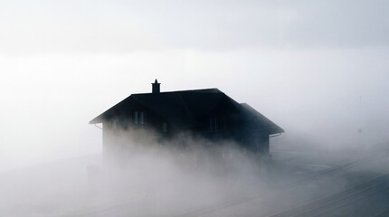 Silhouetted house in thick fog. Isolated cabin enveloped by mist in winter landscape. Moody atmospheric scene evoking solitude and mystery in outdoor environment.