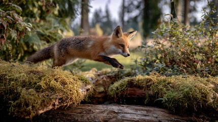 Fototapeta premium Fox Mid-Leap Over Mossy Log in Forest