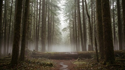 Misty evergreen forest path lined with tall trees and fallen log. Serene woodland scene shrouded in fog. Nature tranquility exploration and peaceful outdoor environment concept.
