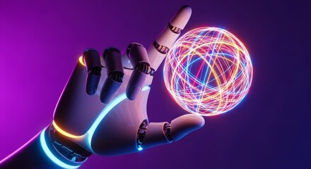 Fototapeta premium AI Robot Hand Holding Glowing Network Sphere Symbolizing Future Technology and Digital Connectivity