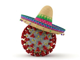 Viral celebration: sombrero-wearing coronavirus particle isolated on white background
