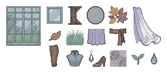 Collection of pixel art game assets featuring a window, clothing, and nature elements for a retro video game design project with a muted color palette and 8-bit aesthetic
