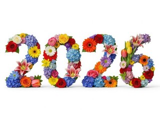 Vibrant floral display of the year 2026 isolated on white background
