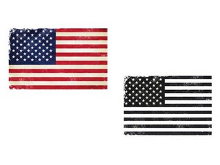 Distressed american flag versions in color and monochrome isolated on white background