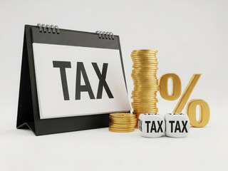 Tax calendar with stacked coins and percentage symbol isolated on white background