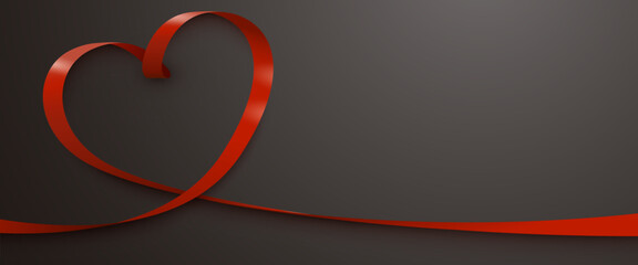 Elegant red ribbon forms a heart shape on a dark background, perfect for Valentines Day. This romantic graphic symbolizes love and passion. Vector illustration © hobbitfoot