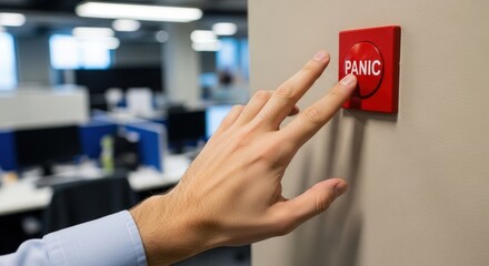 Man hand pushing the red panic button. Business crisis and emergency alarm concept. Corporate workplace stress and urgent situation