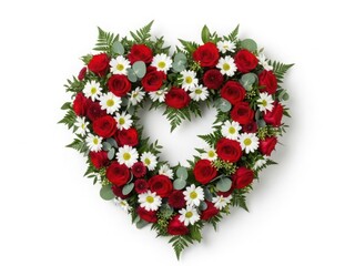 Elegant heart-shaped floral arrangement with red roses and white daisies isolated on white background