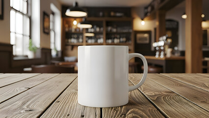White Ceramic Mug on a Wooden Table in a Cozy Pub InteriorMockup, Mug, Cup, Coffee, Tea, Beverage, Drink, Table
