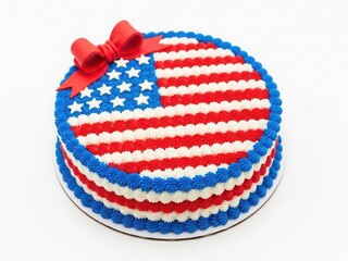 Patriotic american flag themed cake with red, white, and blue icing isolated on white background