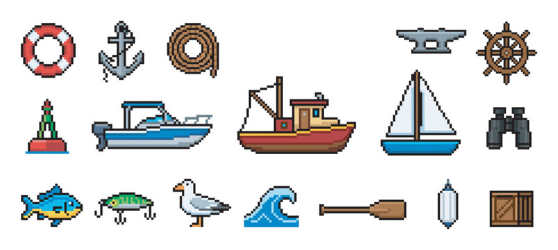 Pixel art set of nautical and fishing icons featuring boats, an anchor, a lifebuoy, and a fish, designed in a retro 8-bit video game sprite style for creative projects