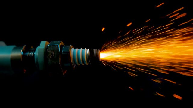High pressure industrial cutting nozzle releasing bright orange sparks against dark backdrop showcasing precision engineering power and intense mechanical energy