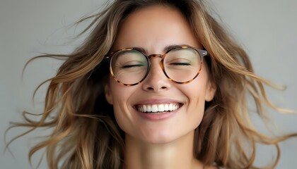 Obraz premium A woman with closed eyes and a wide smile evokes a sense of joy and happiness. She wears large round glasses, which give her a playful and stylish look.