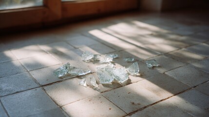 Naklejka premium Group of broken glass pieces scattered on a tiled floor. the glass pieces are of different sizes and shapes, some are broken and some are lying on the ground.