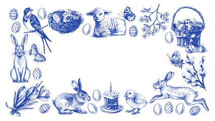 Vintage Easter hand drawn frame. Spring greeting cards and invitation design. Retro sketch vector illustration. Stickers collage elements