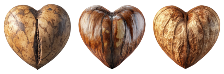 Three heart-shaped walnuts, perfect for expressing love and affection. The unique wood grain patterns and textures make each one stand out.