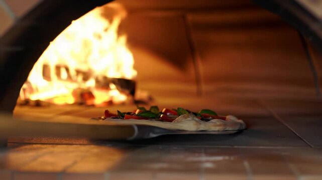 A fresh pizza with tomatoes, mushrooms, basil, slid on a polished metal peel into a rustic, wood-fired brick oven glowing with intense orange flames, in a slow dolly video to close-up with dramatic