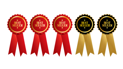 a row of four red and gold best seller badges with ribbons