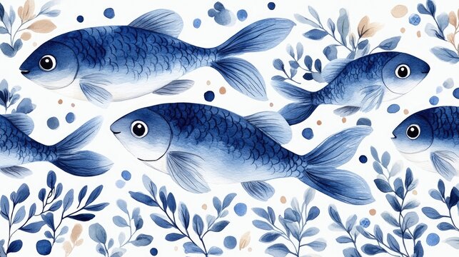 Seamless pattern with cute fish and seaweed illustrations, a simple design for baby room decor and nursery decoration