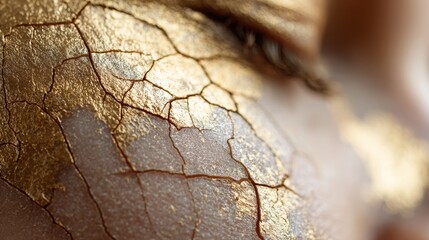 Golden makeup creating a cracked texture effect on skin, symbolizing beauty, aging, and fragility in an artistic macro view focusing on cosmetic artistry